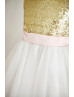Gold Sequin Ivory Tulle Flower Girl Dress With Pink Bow Sash